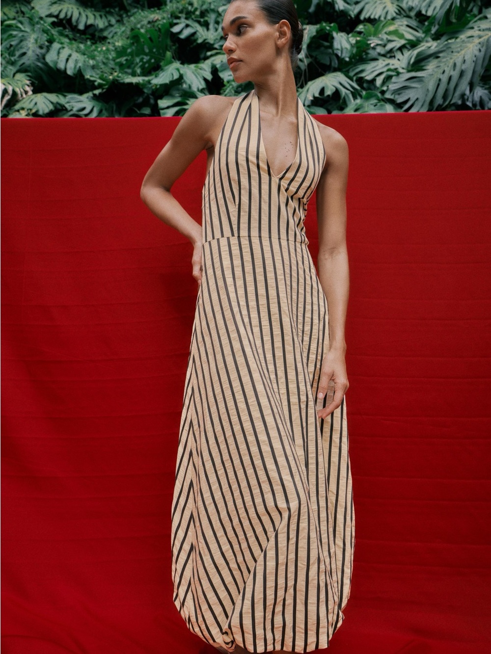 Zara Beige Maxi Dress with Black Vertical Stripes